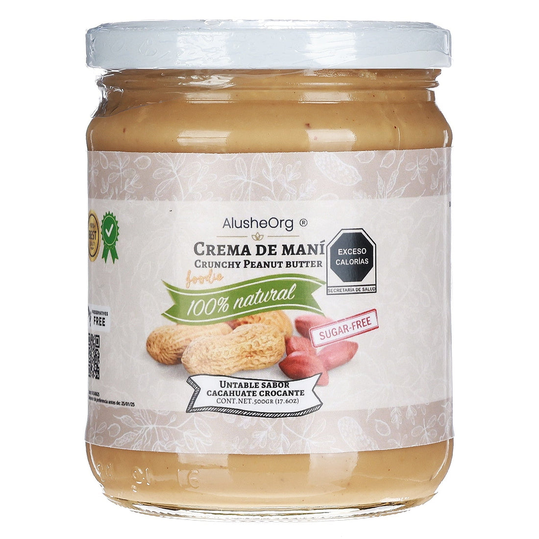 Crema de cacahuate crunchy ALUSHEORG en su presentación real