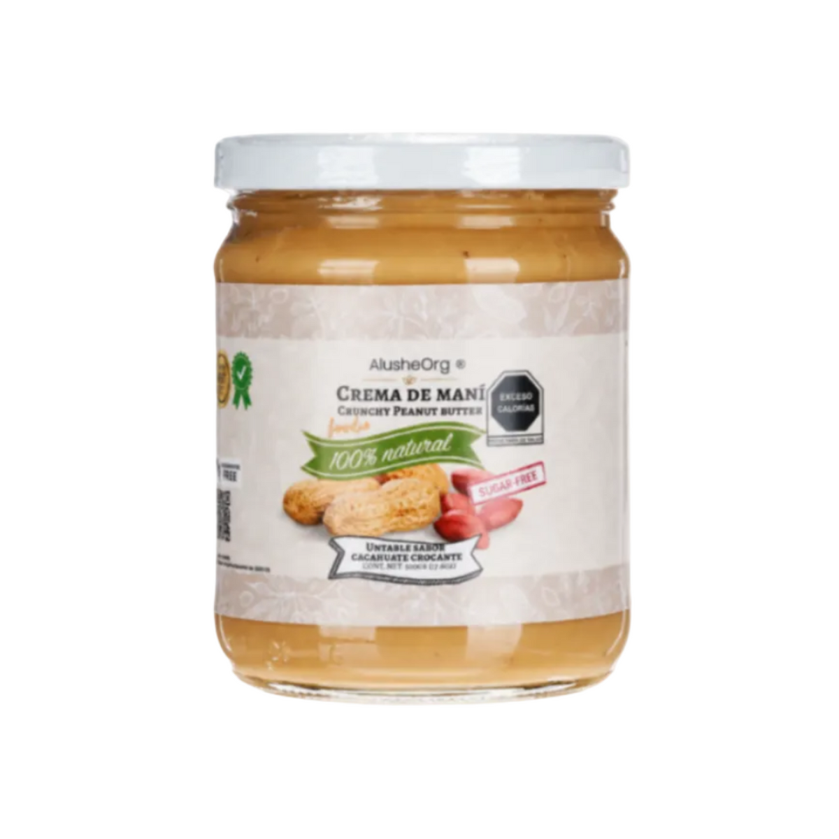 Frasco de crema de cacahuate crunchy ALUSHEORG, elaborada en México