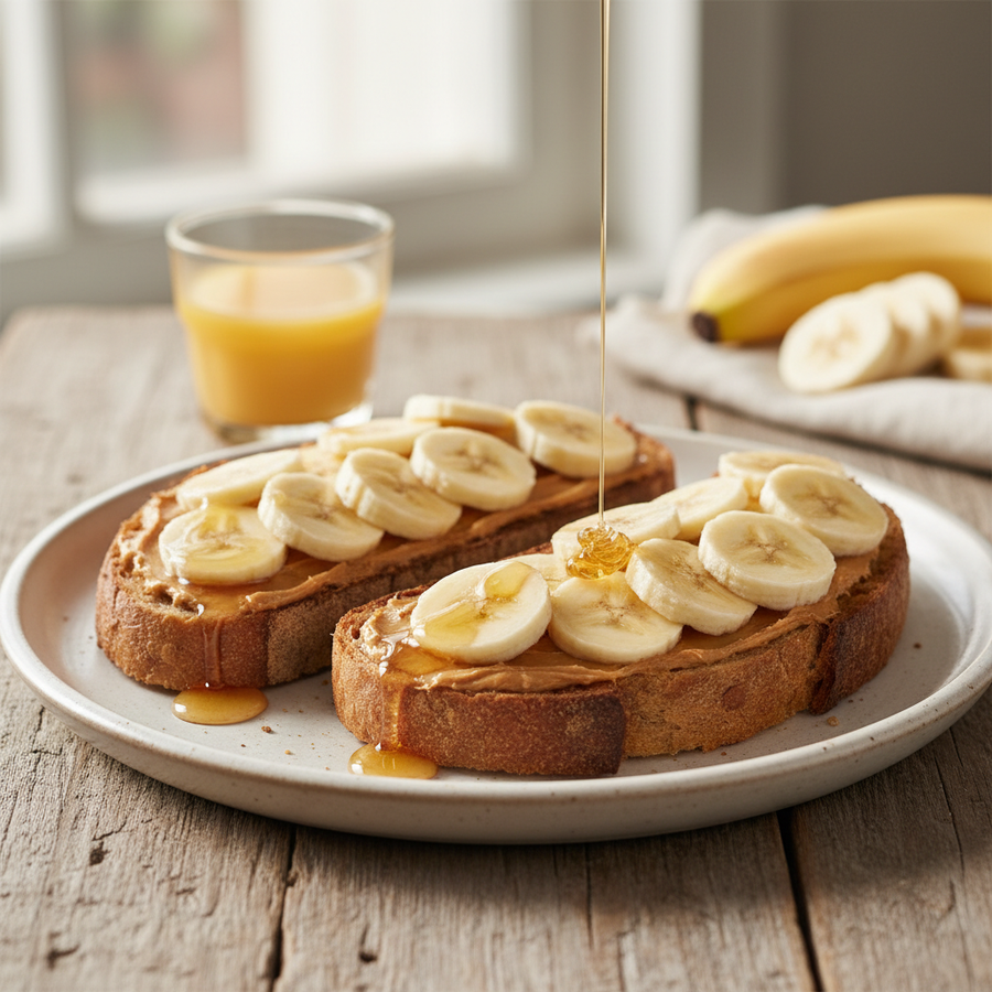 Pan con plátano y crema de cacahuate ALUSHEORG para desayuno