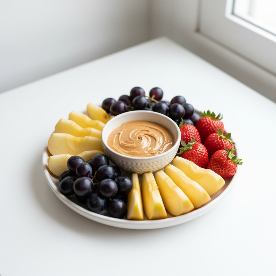 Fruta con crema de cacahuate ALUSHEORG como snack