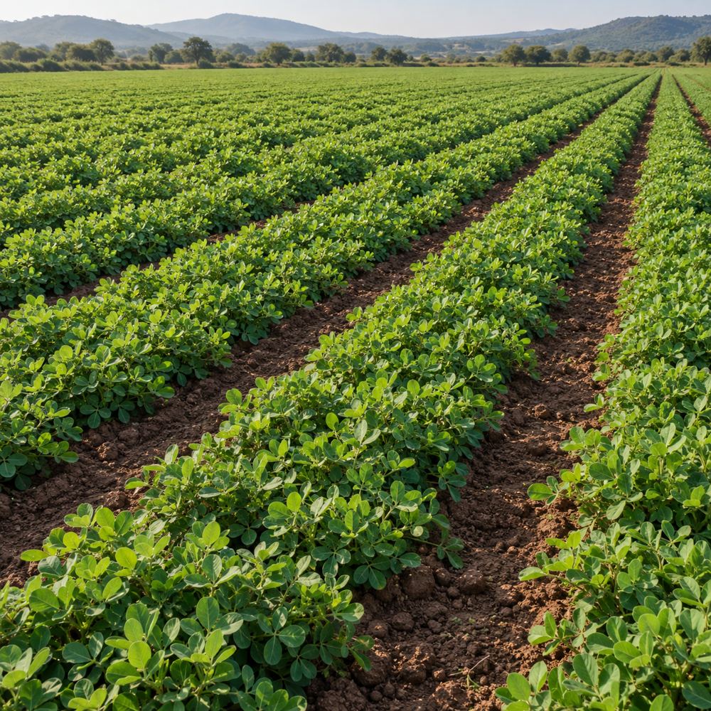 Ilustración de un campo amplio con cultivo verde de cacahuate y surcos de tierra.